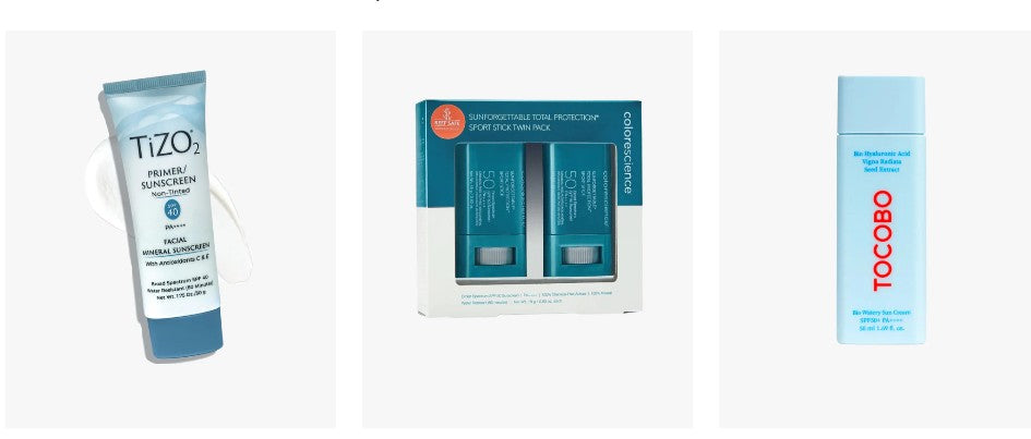 Protectores solares de diferentes marcas y en diferentes presentaciones, para ilustrar el factor de protección solar en los bloqueadores solares.