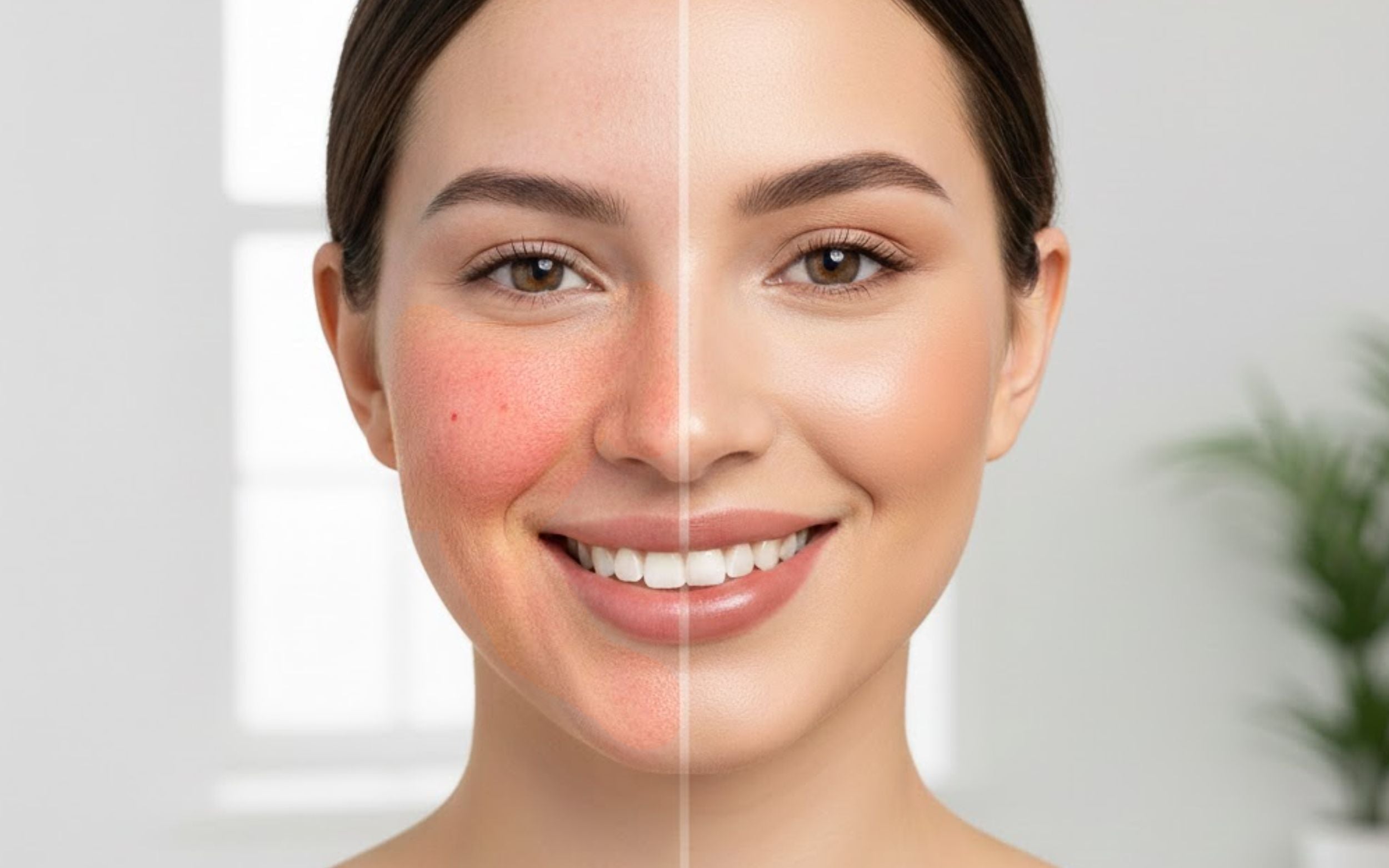 Toma cercana del rostro de una mujer joven, con la mitad con signos de rosácea y la otra mitad con maquillaje, mostrando una piel con tono uniforme y natural. 