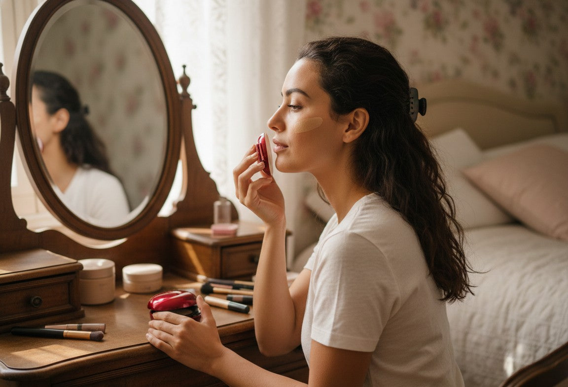 Mujer sentada frente a un espejo aplica maquillaje cushion en su cara. De fondo se ve su cama, en una habitación con papel tapiz de flores.