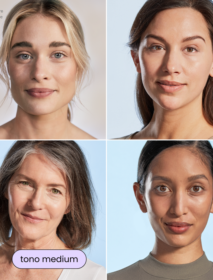 Cuatro mujeres con distintos subtonos de piel usando Face Shield FLEX SPF 50 de Colorescience en tono medium, mostrando su adaptación natural