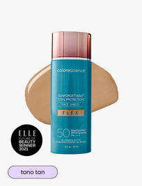 Envase de Face Shield FLEX SPF 50 tono tan con fondo cálido, ideal para pieles doradas o bronceadas. Ganador Elle Beauty 2021.